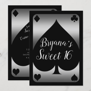 Zilver & zwart Spade Glam Casino Sweet 16 Feestje Kaart