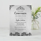 Zilver Zwart Tiara Damask Quinceanera Kaart (Staand voorkant)