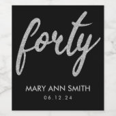 Zilver Zwart "Veertig" 40 Verjaardagsfeestje Glitt Wijn Etiket (Enkel label)