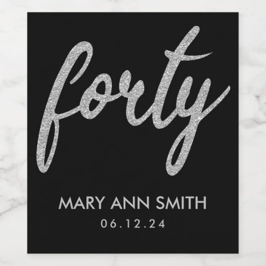Zilver Zwart "Veertig" 40 Verjaardagsfeestje Glitt Wijn Etiket (Enkel label)