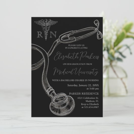 Zilver Zwart Verpleegkunde School Afstudeerfeest Kaart (Staand voorkant)