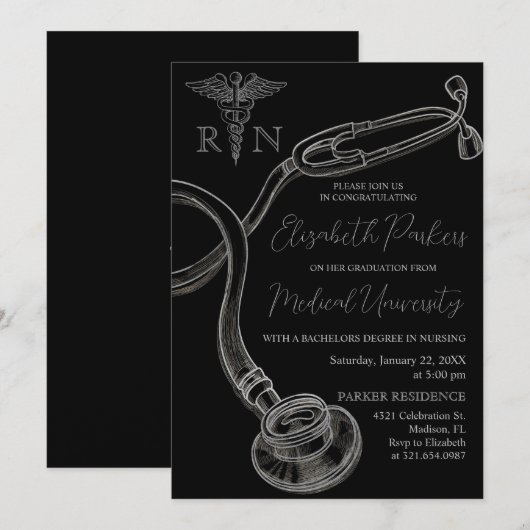 Zilver Zwart Verpleegkunde School Afstudeerfeest Kaart (Voorkant / Achterkant)