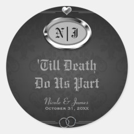 Zilver & Zwart Vintage Gotische Halloween Bruiloft Ronde Sticker