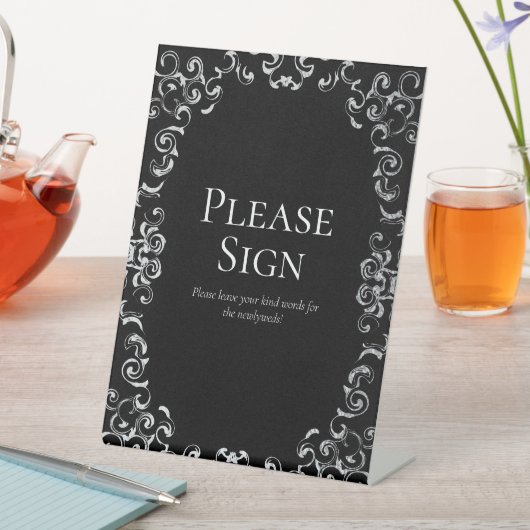 Zilver Zwart Werveltje Gotische bruiloft Reclamebord Met Voetstuk (Insitu)