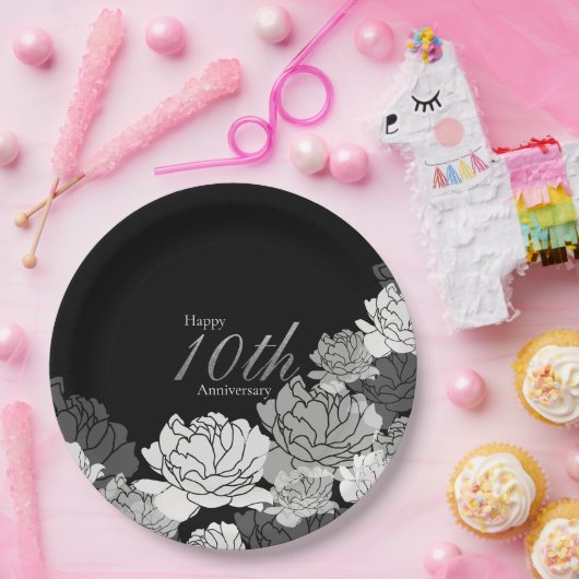 Zilver, zwart & wit roos print 10e verjaardag papieren bordje (Feest)