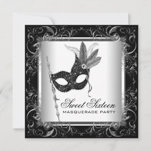 Zilver Zwart Wit Sweet 16 Masquerade Feest Kaart (Voorkant)