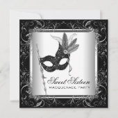 Zilver Zwart Wit Sweet 16 Masquerade Party Kaart (Voorkant)