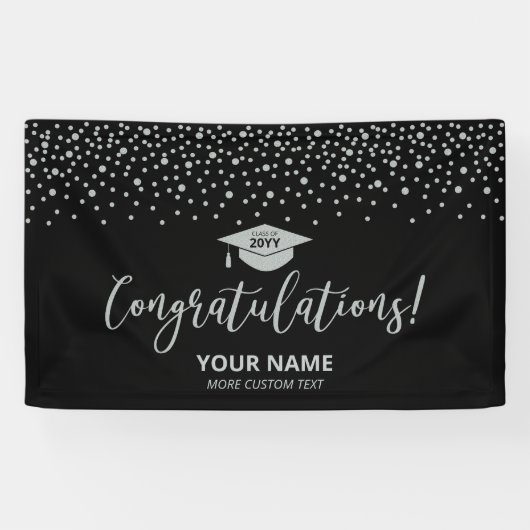 Zilver & Zwarte Confetti Felicitaties Afstuderen Spandoek (Horizontaal)