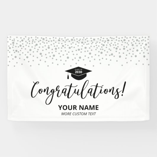 Zilver & Zwarte Confetti Felicitaties Afstuderen Spandoek (Horizontaal)