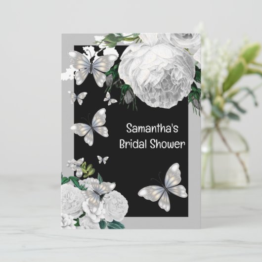 Zilver zwarte en witte elegante rozen bridale part kaart (Staand voorkant)