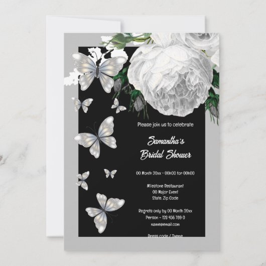 Zilver zwarte en witte elegante rozen bridale part kaart (Achterkant)