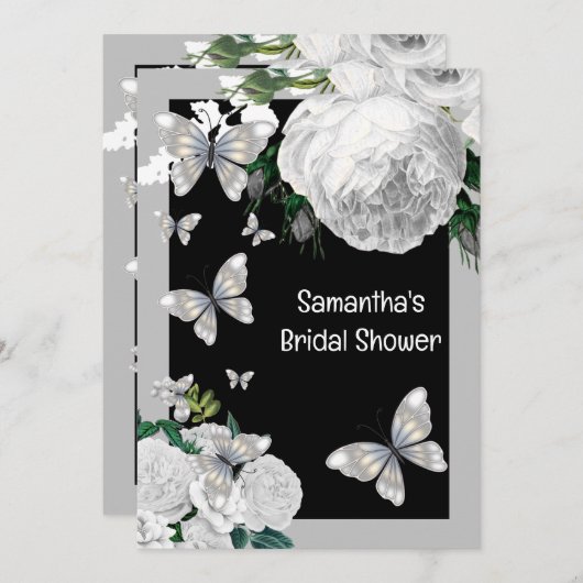 Zilver zwarte en witte elegante rozen bridale part kaart (Voorkant / Achterkant)