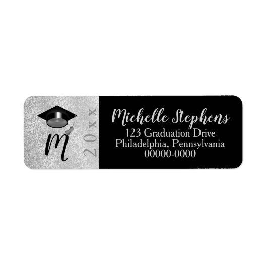 Zilver | Zwarte faux Glitter Afstudeerder Pet Jaar Etiket (Voorkant)