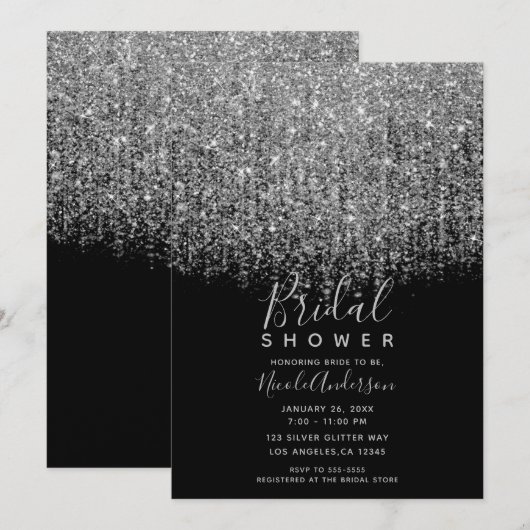 Zilver & Zwarte Glitterende Bruiloftsfeest Kaart (Voorkant / Achterkant)