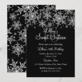 Zilver & Zwarte Glitterende Sneeuwvlok Sweet 16 Ui Kaart (Voorkant / Achterkant)