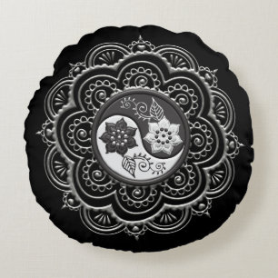 Zilver & Zwarte Mandala Rond Kussen