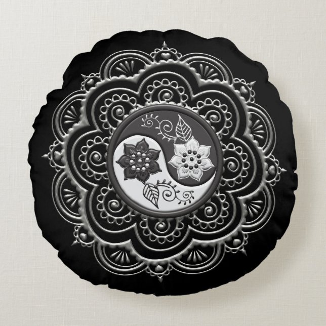 Zilver & Zwarte Mandala Rond Kussen (Voorkant)