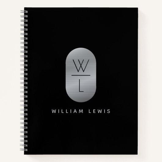 Zilver & Zwarte Monogram Moderne Minimalist Notitieboek (Voorkant)