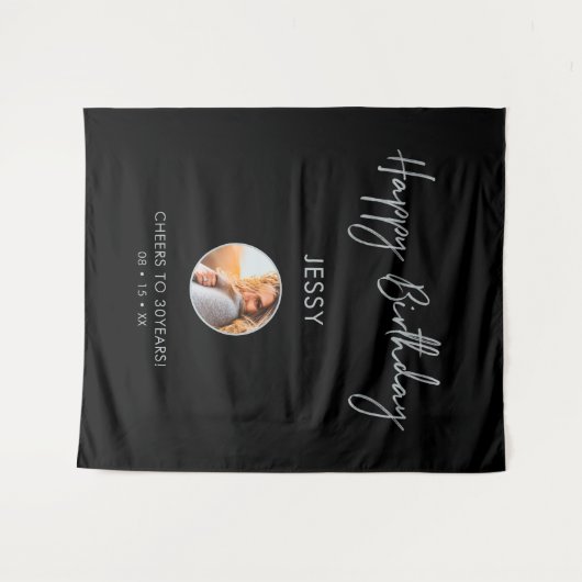 Zilver & Zwarte Verjaardag Foto Feest Achtergrond Wandkleed (Voorkant (horizontaal))