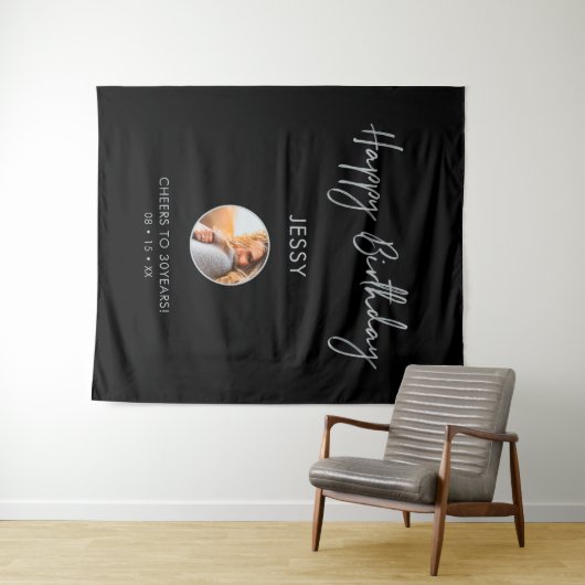 Zilver & Zwarte Verjaardag Foto Feest Achtergrond Wandkleed (In Situ (horizontaal))