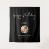 Zilver & Zwarte Verjaardag Foto Feest Achtergrond Wandkleed (Voorkant)