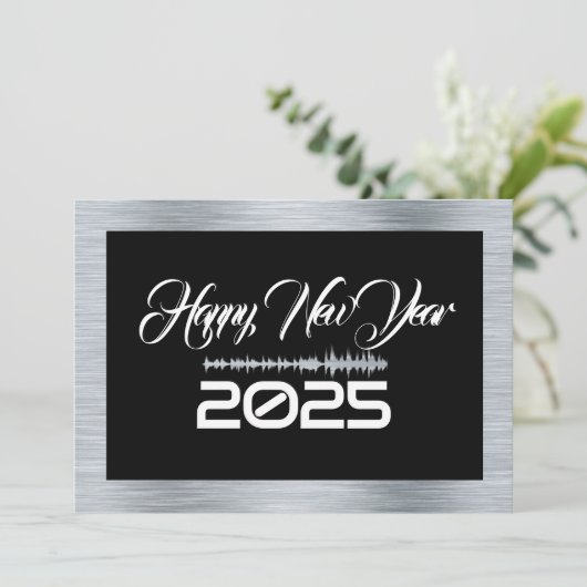 Zilver & zwarte wenskaart Nieuwjaar met geluidsgol Feestdagenkaart (Staand voorkant)