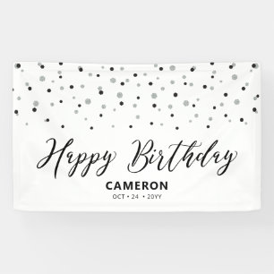 Zilver & Zwarte Zeshoek Confetti Verjaardag Spandoek