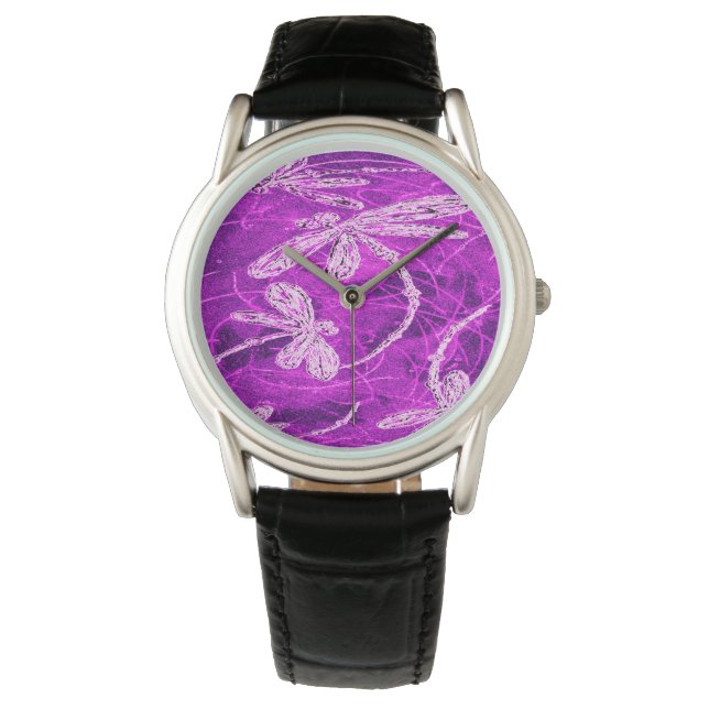 Zilverachtige libellen op een Magic Magenta Sky Horloge (Voorkant)