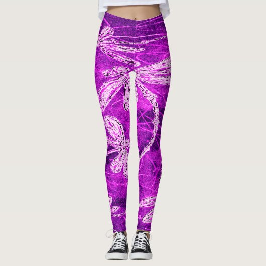 Zilverachtige libellen op een Magic Magenta Sky Leggings (Voorkant)