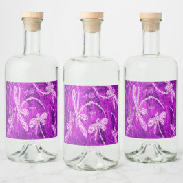 Zilverachtige libellen op een Magic Magenta Sky Likeurfles Etiket