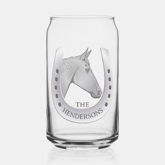 Zilverachtige Paard en Hoefijzer Embleem Gepersona Blikvorm Glas (Voorkant)