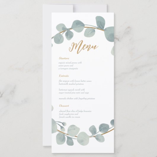 Zilverachtige Waterverf Eucalyptus Bruiloft Menu K (Voorkant)