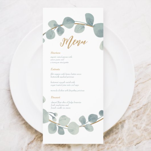 Zilverachtige Waterverf Eucalyptus Bruiloft Menu K