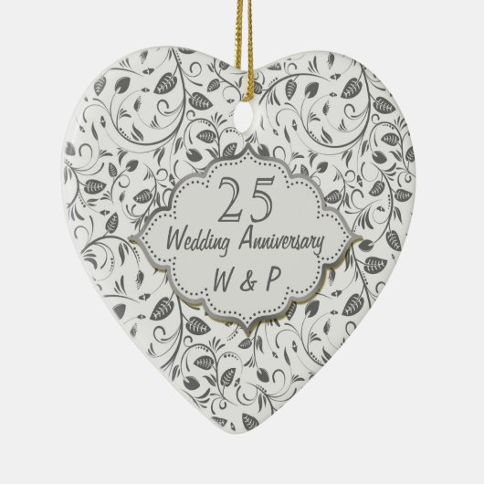 Zilverbladeren 25th Wedding Jubileum Keramisch Ornament (Rechts)