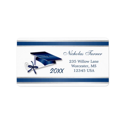 Zilverblauw Afstuderen Mortier pet & diploma Etiket (Voorkant)