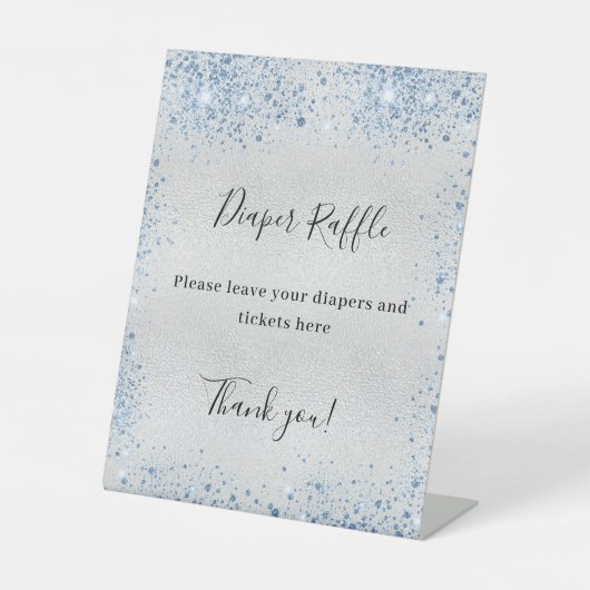 Zilverblauw baby shower luier verloting teken reclamebord met voetstuk (Voorkant)