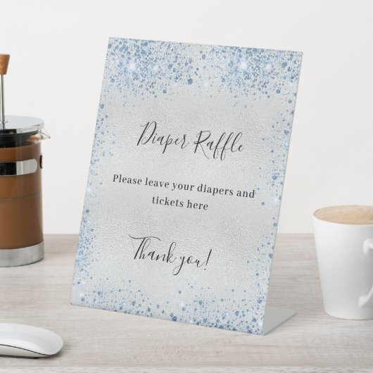 Zilverblauw baby shower luier verloting teken reclamebord met voetstuk (Insitu)