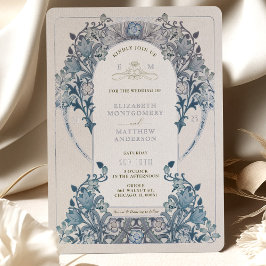 Zilverblauw Vintage Bruiloft William Morris Folie Uitnodiging