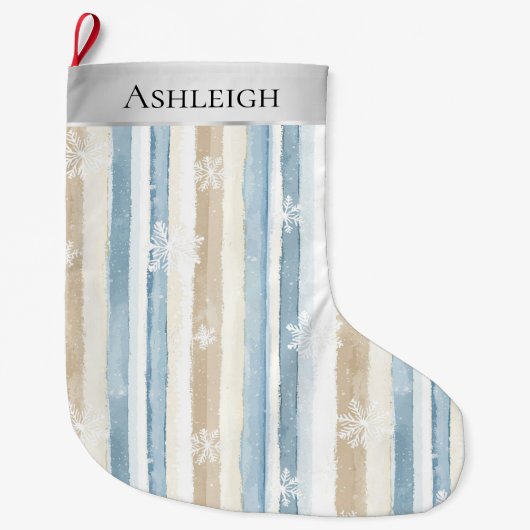 Zilverblauw Witte Sneeuwvlokken Stripes Kerstmis Grote Kerstsok (Voorkant)