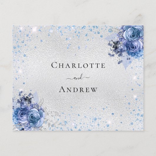Zilverblauwe bloemen budget bruiloft RSVP Flyer (Achterkant)