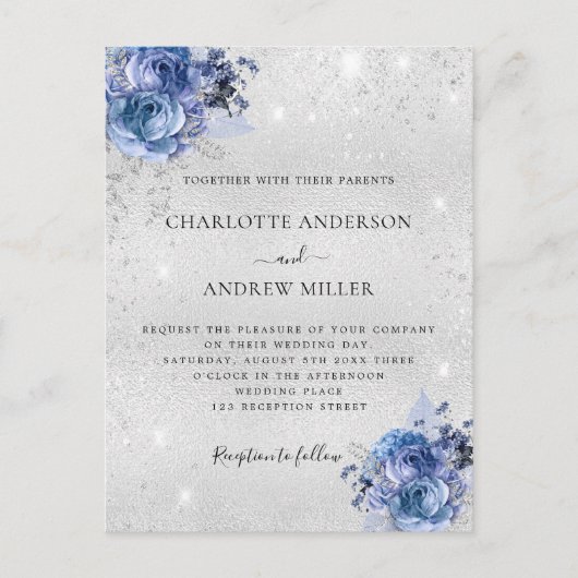 Zilverblauwe bloemen elegante bruiloft uitnodiging briefkaart (Voorkant)