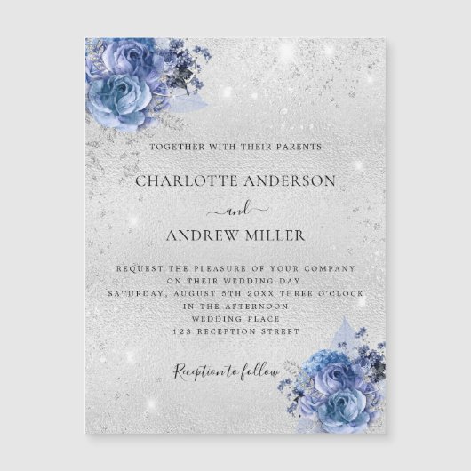 Zilverblauwe bloemen elegante luxe trouw magnetische uitnodiging (Voorkant)
