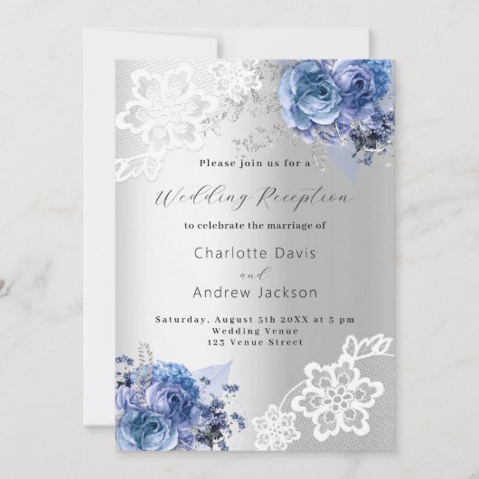 Zilverblauwe bloemen kant bruiloft receptie kaart (Voorkant)