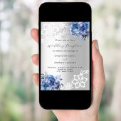 Zilverblauwe bloemen kant bruiloft receptie kaart