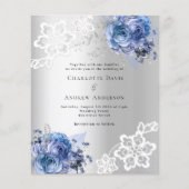 Zilverblauwe bloemen kant bruiloft uitnodiging (Voorkant)