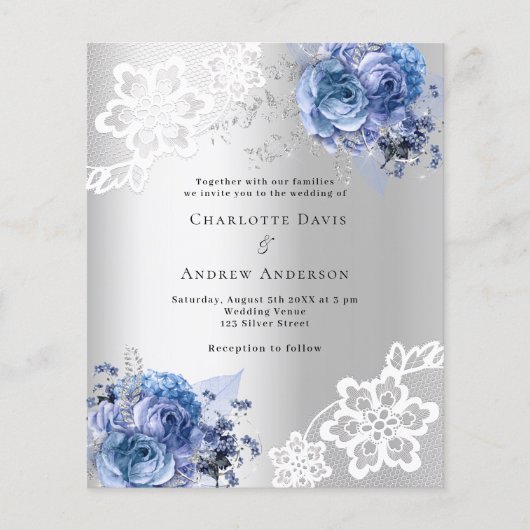 Zilverblauwe bloemen kant bruiloft uitnodiging (Voorkant)