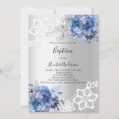 Zilverblauwe bloemen kant Doopsel Kaart (Voorkant)