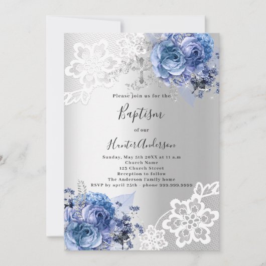 Zilverblauwe bloemen kant Doopsel Kaart (Voorkant)