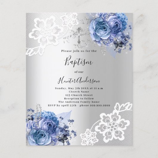 Zilverblauwe bloemen kant Doopsel uitnodiging (Voorkant)