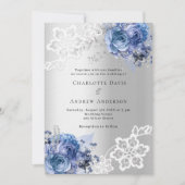 Zilverblauwe bloemen kant luxe bruiloft kaart (Voorkant)